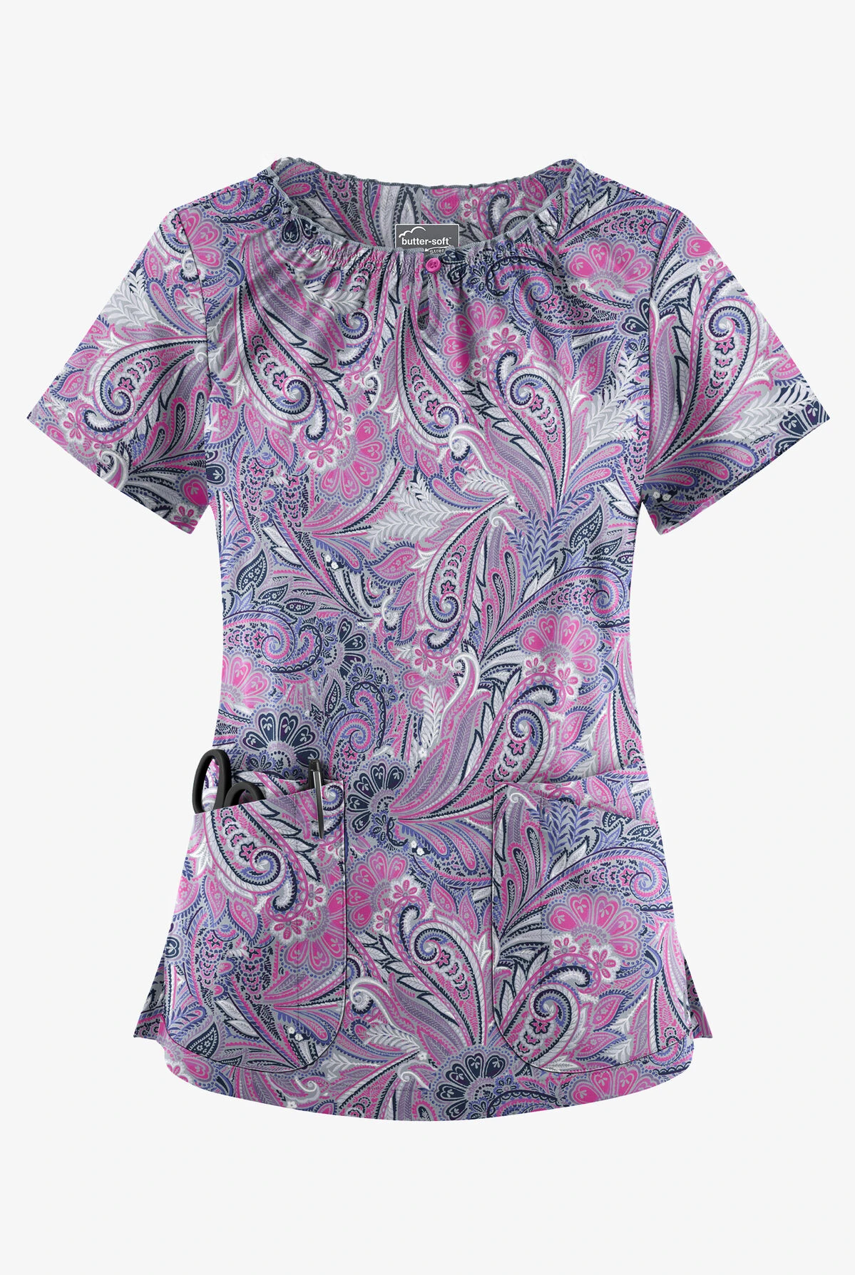 UA Butter-Soft STRETCH Vienna Paisley Silver Women's 6-Pocket Peasant Style Print Scrub Top 3 UA Butter-Soft STRETCH Vienna Paisley Silver Women's 6-Pocket Peasant Style Print Scrub Top