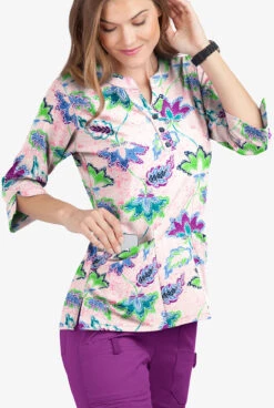 Butter-Soft Chalked Floral Lotus Women's 4-Pocket 3/4th Sleeve Print Scrub Top