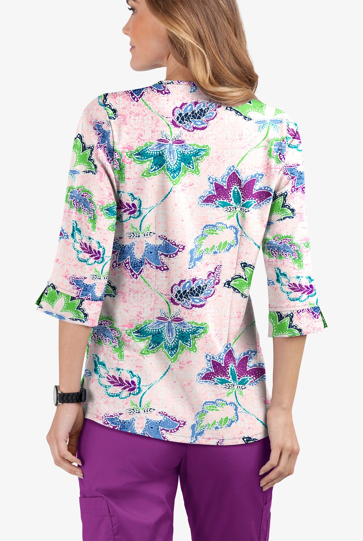 Butter-Soft Chalked Floral Lotus Women's 4-Pocket 3/4th Sleeve Print Scrub Top 4 Butter-Soft Chalked Floral Lotus Women's 4-Pocket 3/4th Sleeve Print Scrub Top - Image 2