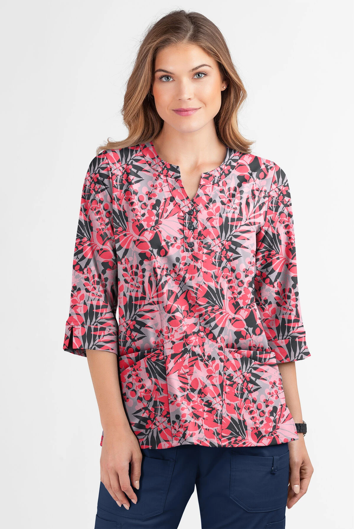Butter-Soft Exotic Garden Silver Women's 2-Pocket Round Neckline Print Scrub Top 4 Butter-Soft Exotic Garden Silver Women's 2-Pocket Round Neckline Print Scrub Top - Image 2