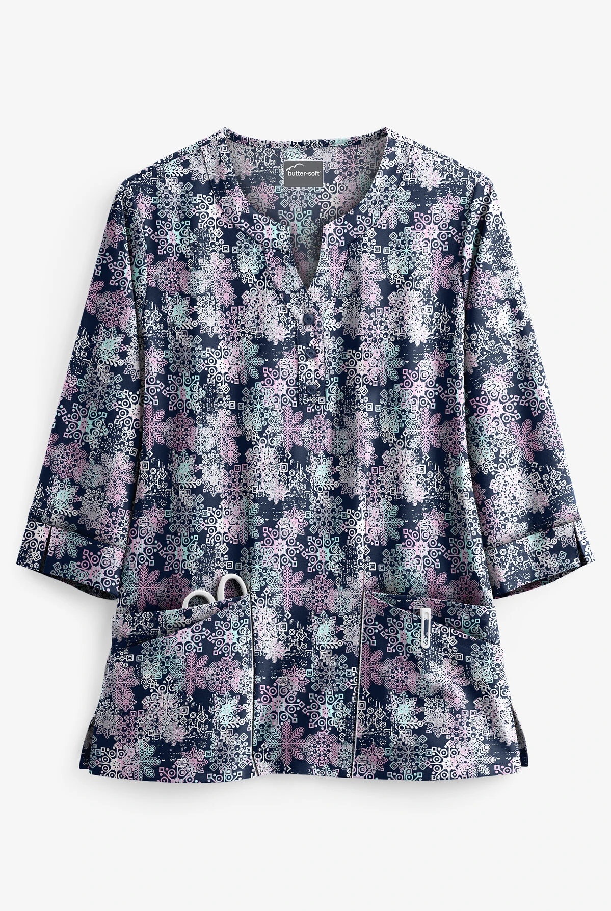 Butter-Soft Falling Snowflakes Light Thistle Women's 4-Pocket 3/4th Sleeve Print Scrub Top 3 Butter-Soft Falling Snowflakes Light Thistle Women's 4-Pocket 3/4th Sleeve Print Scrub Top