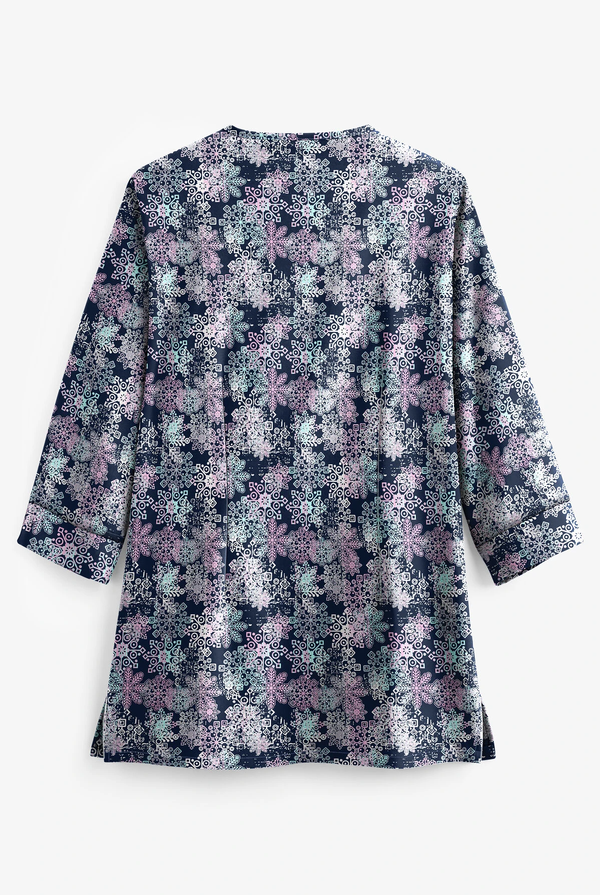 Butter-Soft Falling Snowflakes Light Thistle Women's 4-Pocket 3/4th Sleeve Print Scrub Top 4 Butter-Soft Falling Snowflakes Light Thistle Women's 4-Pocket 3/4th Sleeve Print Scrub Top - Image 2