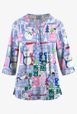 Butter-Soft Joyful Snowman Women's 2-Pocket Round Neckline Print Scrub Top