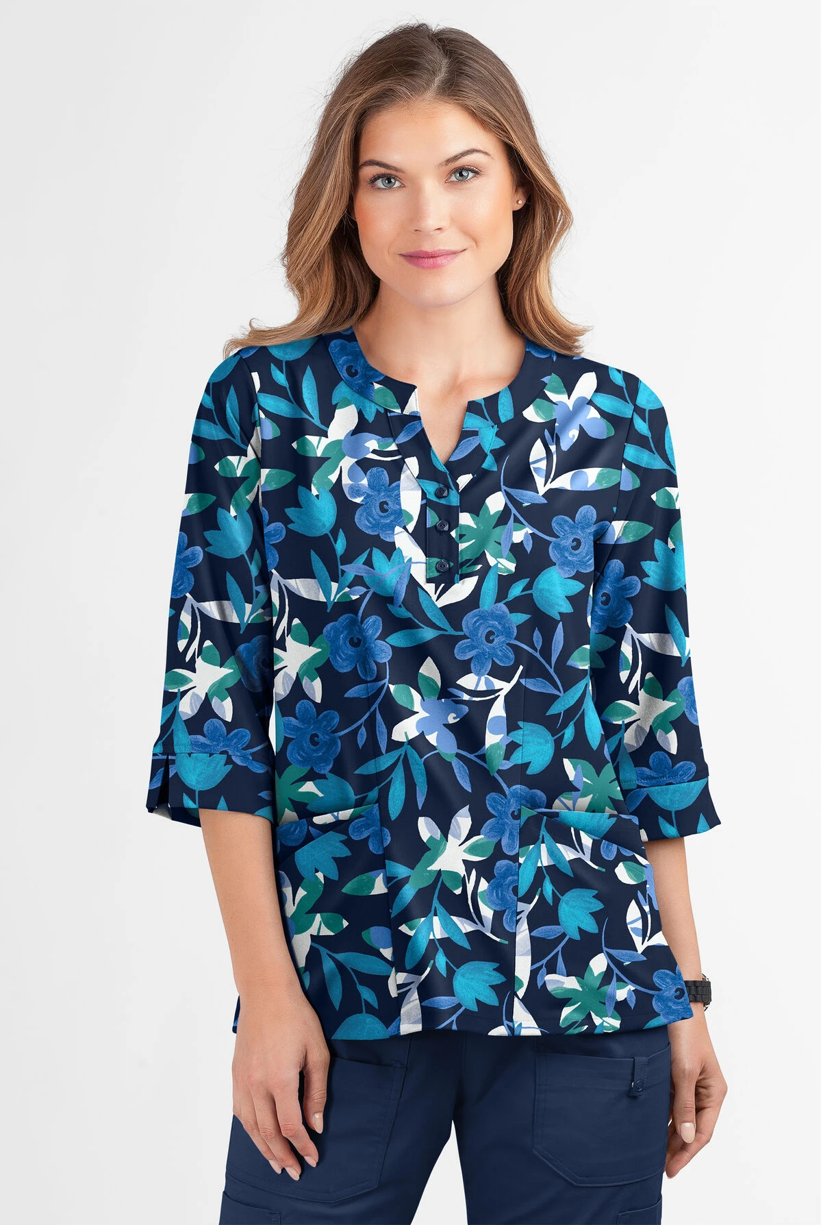 Butter-Soft Matisse Floral Navy Women's 2-Pocket Round Neckline Print Scrub Top 4 Butter-Soft Matisse Floral Navy Women's 2-Pocket Round Neckline Print Scrub Top - Image 2