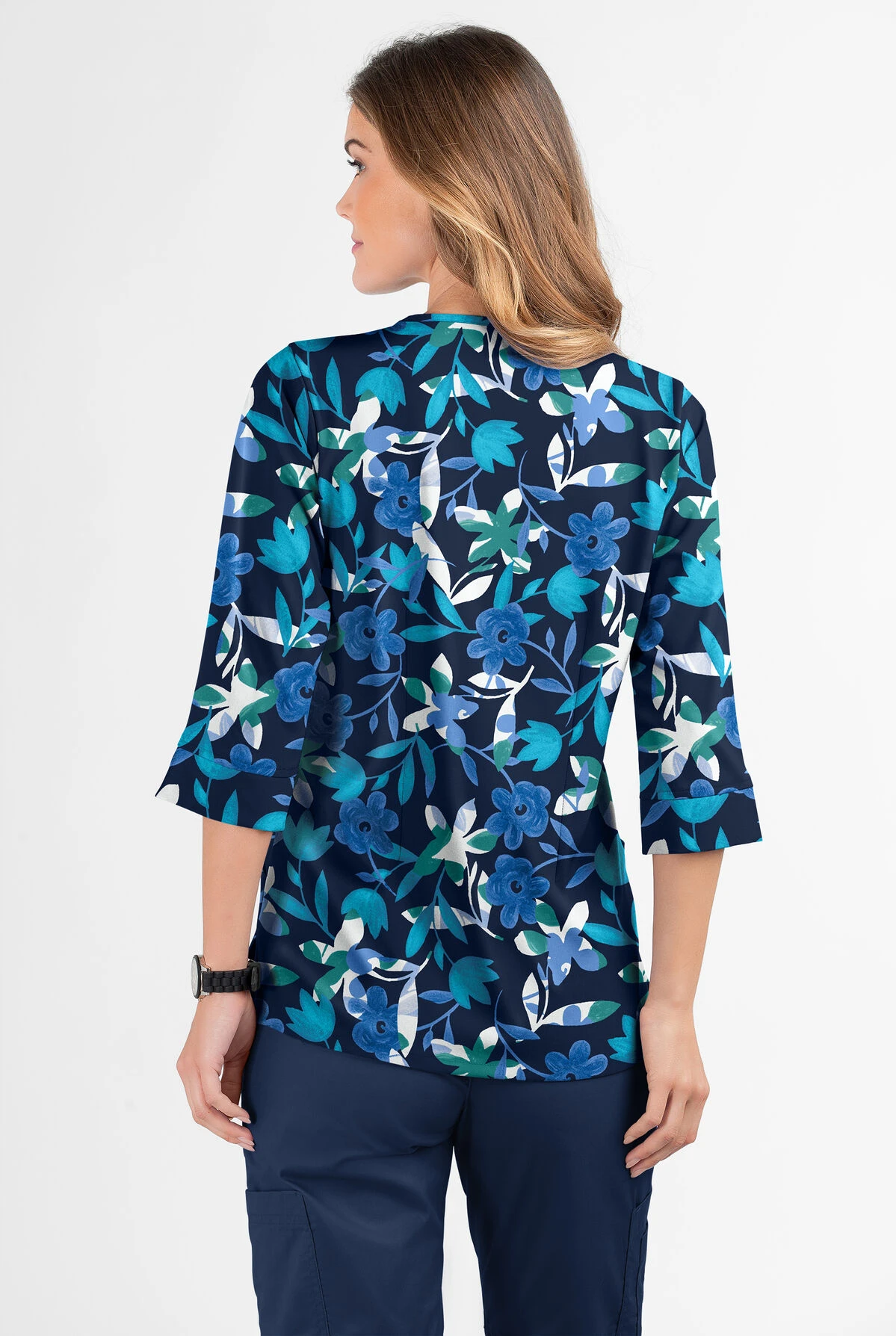 Butter-Soft Matisse Floral Navy Women's 2-Pocket Round Neckline Print Scrub Top 5 Butter-Soft Matisse Floral Navy Women's 2-Pocket Round Neckline Print Scrub Top - Image 3