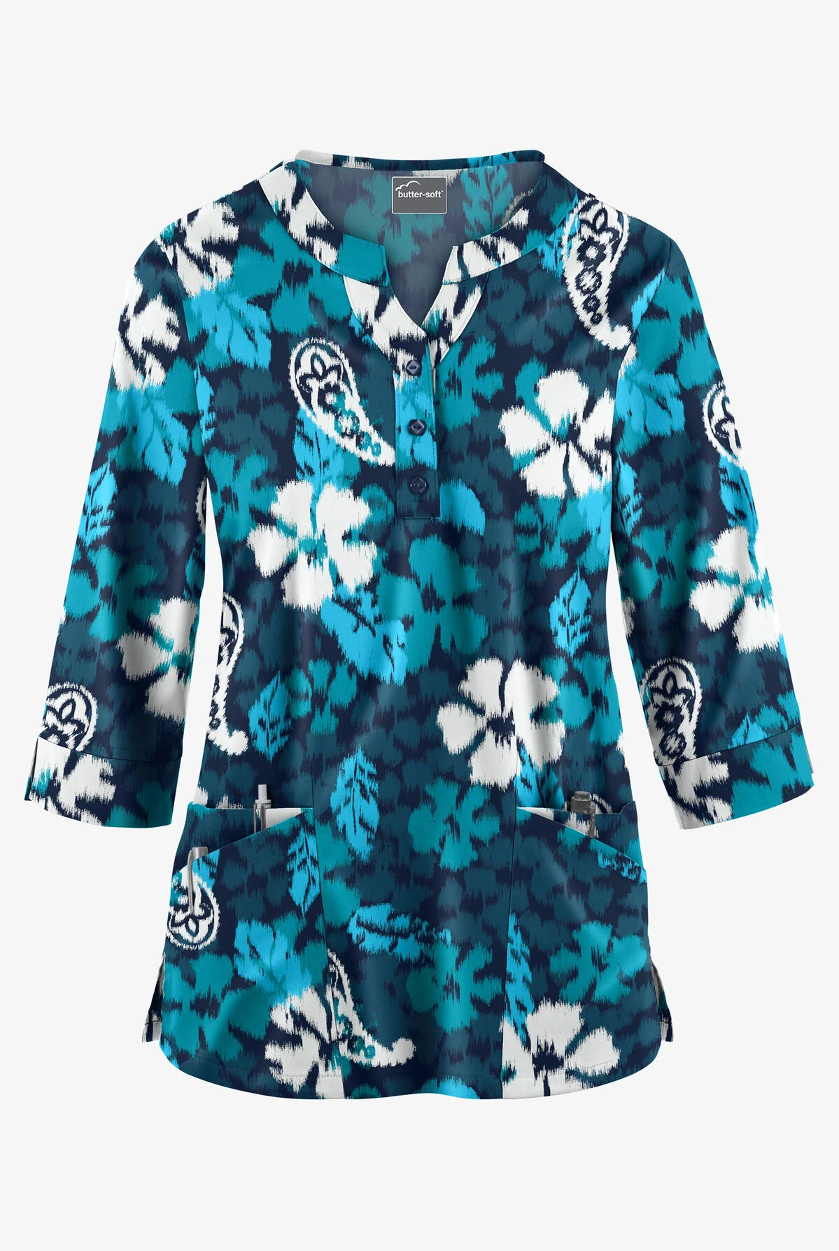 Butter-Soft Persian Ikat Navy Women's 2-Pocket Round Neckline Print Scrub Top 3 Butter-Soft Persian Ikat Navy Women's 2-Pocket Round Neckline Print Scrub Top