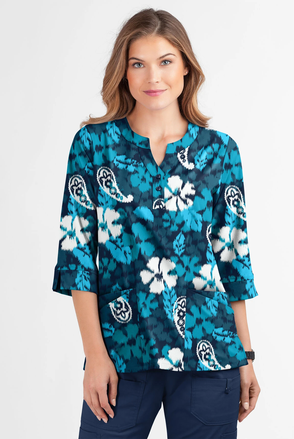 Butter-Soft Persian Ikat Navy Women's 2-Pocket Round Neckline Print Scrub Top 4 Butter-Soft Persian Ikat Navy Women's 2-Pocket Round Neckline Print Scrub Top - Image 2
