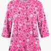 Butter-Soft Smiling Snowflakes Fuchsia Women's 2-Pocket Round Neckline Print Scrub Top -Fashion Clothing TS584SSFA 1