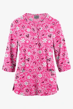 Butter-Soft Smiling Snowflakes Fuchsia Women's 2-Pocket Round Neckline Print Scrub Top