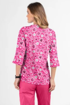 Butter-Soft Smiling Snowflakes Fuchsia Women's 2-Pocket Round Neckline Print Scrub Top -Fashion Clothing TS584SSFA 3