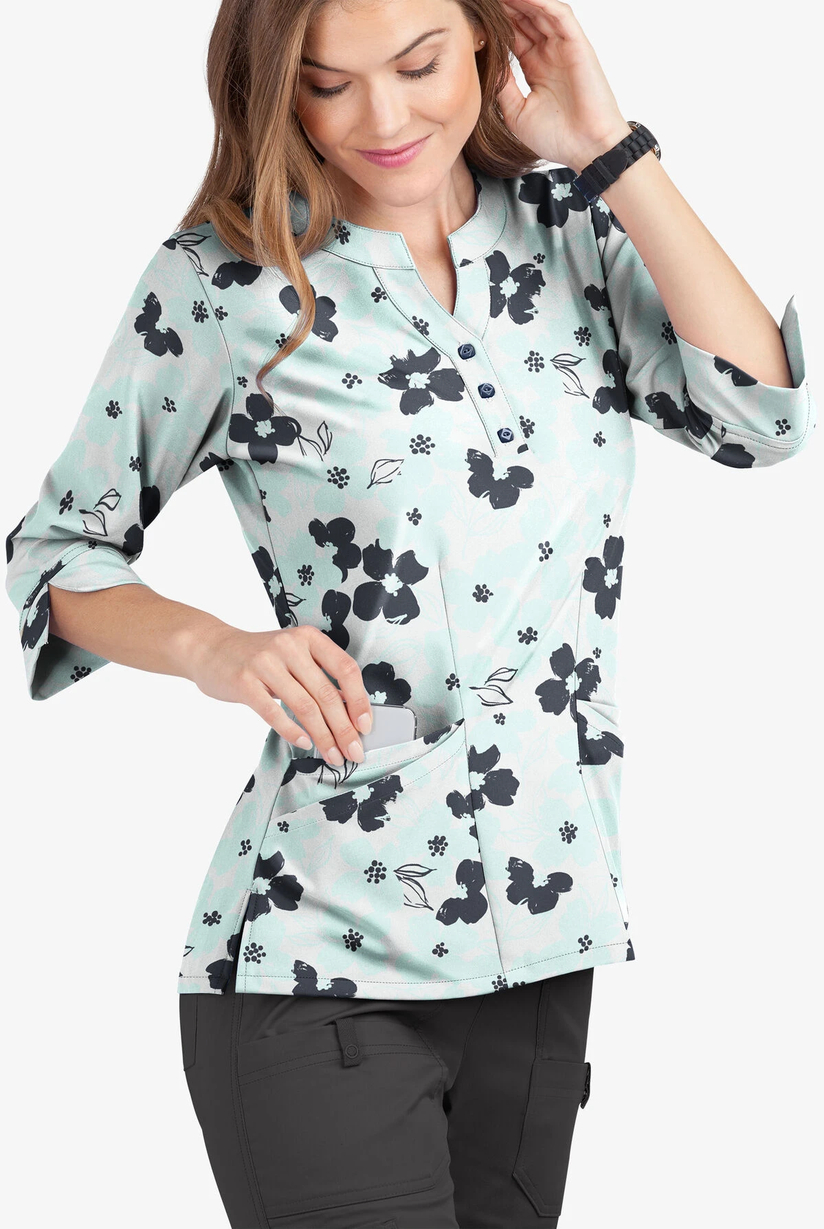 Butter-Soft Floral Elegance White Printed Women's 4-Pocket 3/4th Sleeve Scrub Top 3 Butter-Soft Floral Elegance White Printed Women's 4-Pocket 3/4th Sleeve Scrub Top