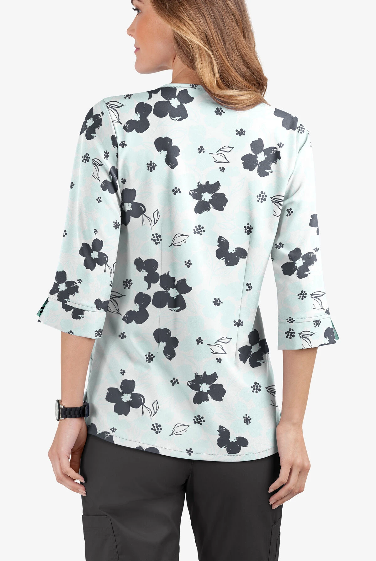 Butter-Soft Floral Elegance White Printed Women's 4-Pocket 3/4th Sleeve Scrub Top 4 Butter-Soft Floral Elegance White Printed Women's 4-Pocket 3/4th Sleeve Scrub Top - Image 2