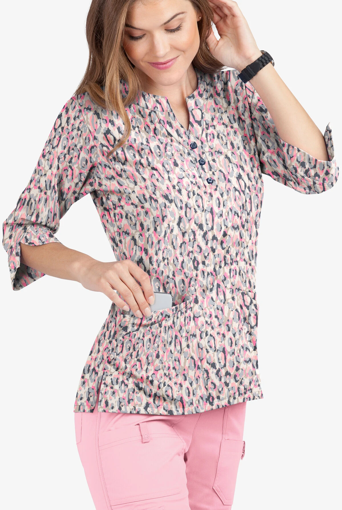 Butter-Soft Into The Wild Pearl Women's 4-Pocket 3/4th Sleeve Print Scrub Top 3 Butter-Soft Into The Wild Pearl Women's 4-Pocket 3/4th Sleeve Print Scrub Top