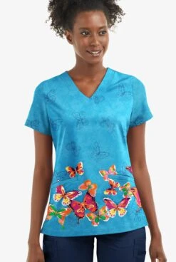 Fashion Clothing 29 UA Butter-Soft STRETCH Butterfly Border Turquoise Women's 2- Pocket V-Neck Printed Scrub Top