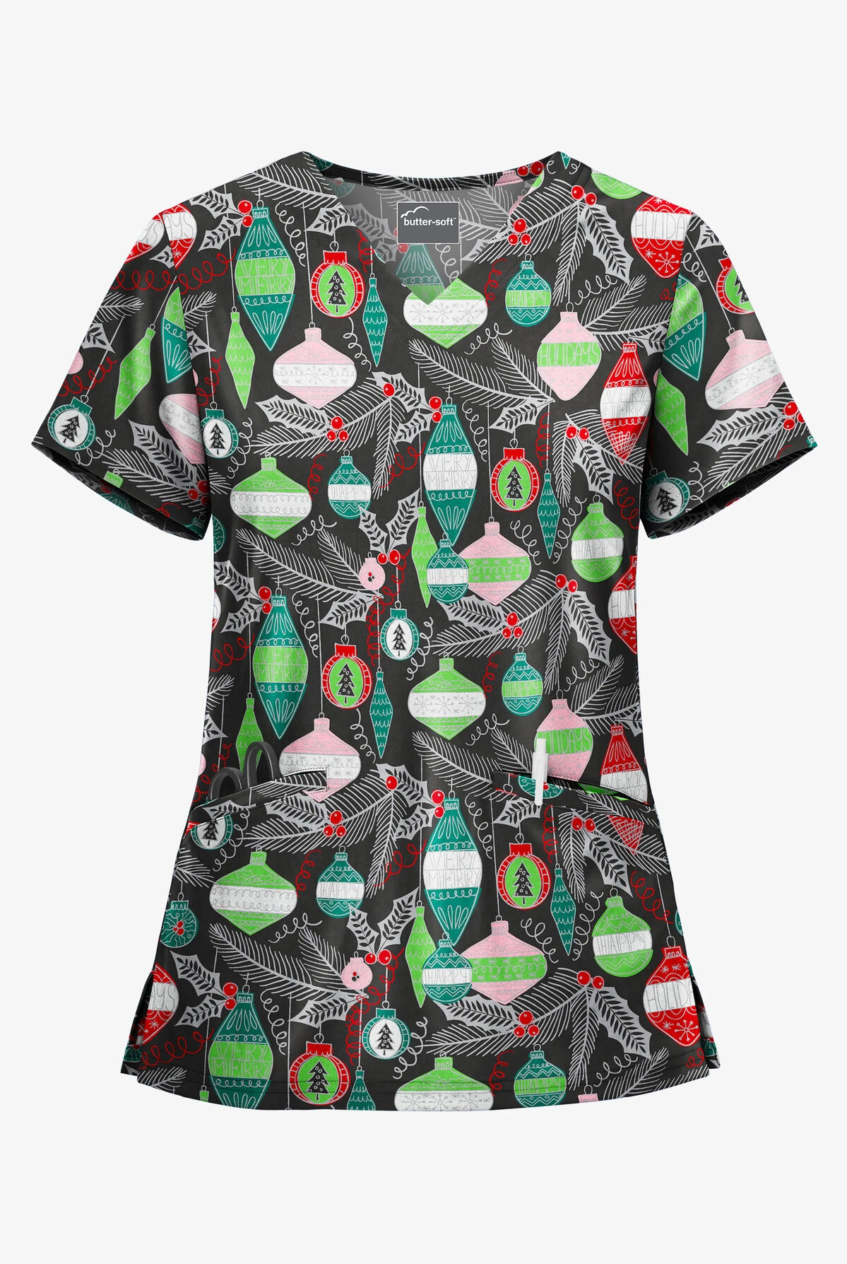 Butter-Soft Christmas Baubles Women's 2-Pocket With Angled Welts V-Neck Print Scrub Top 3 Butter-Soft Christmas Baubles Women's 2-Pocket With Angled Welts V-Neck Print Scrub Top