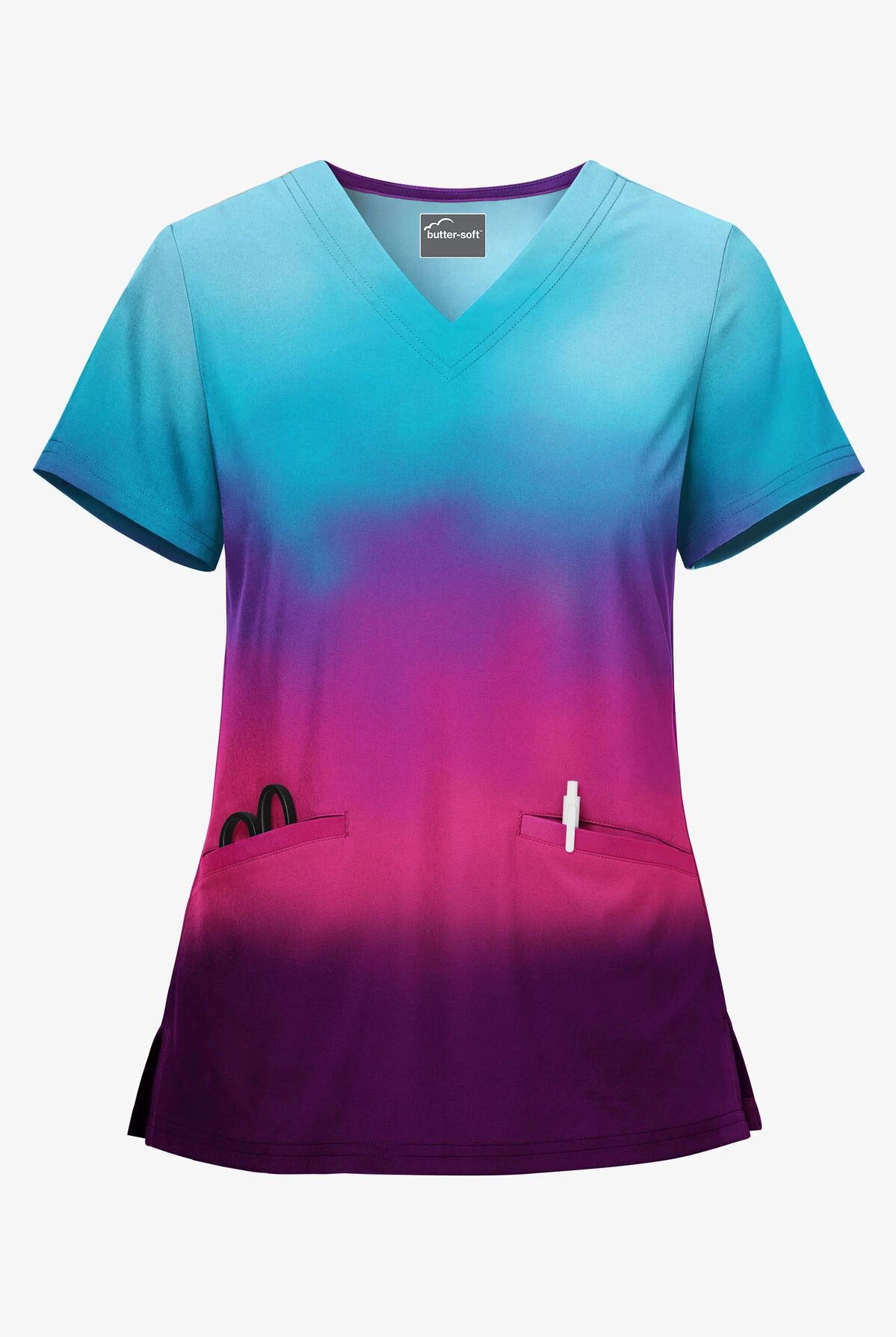 UA Butter-Soft STRETCH Evening Sky Ombre Women's 2-Angled Welt Pocket V-Neck Printed Scrub Top 3 UA Butter-Soft STRETCH Evening Sky Ombre Women's 2-Angled Welt Pocket V-Neck Printed Scrub Top