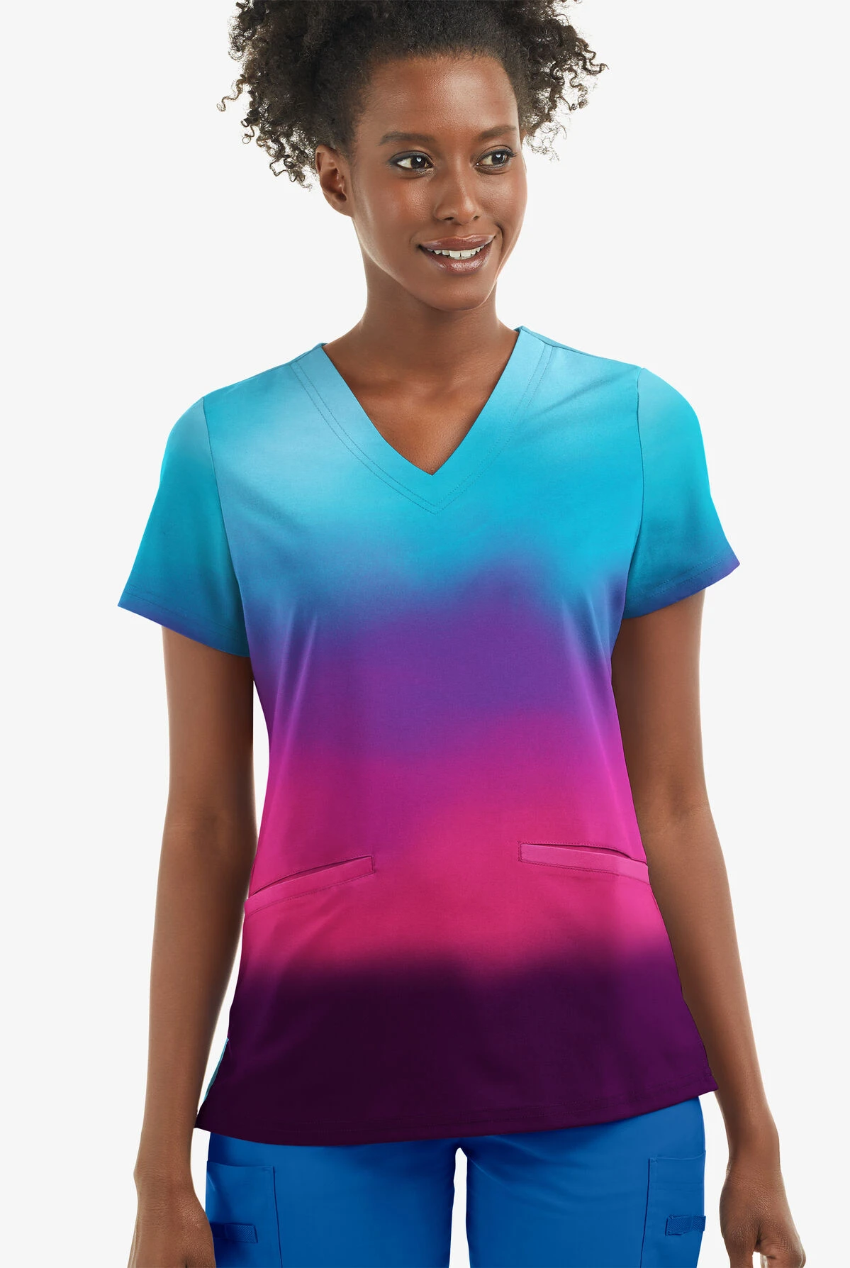 UA Butter-Soft STRETCH Evening Sky Ombre Women's 2-Angled Welt Pocket V-Neck Printed Scrub Top 4 UA Butter-Soft STRETCH Evening Sky Ombre Women's 2-Angled Welt Pocket V-Neck Printed Scrub Top - Image 2