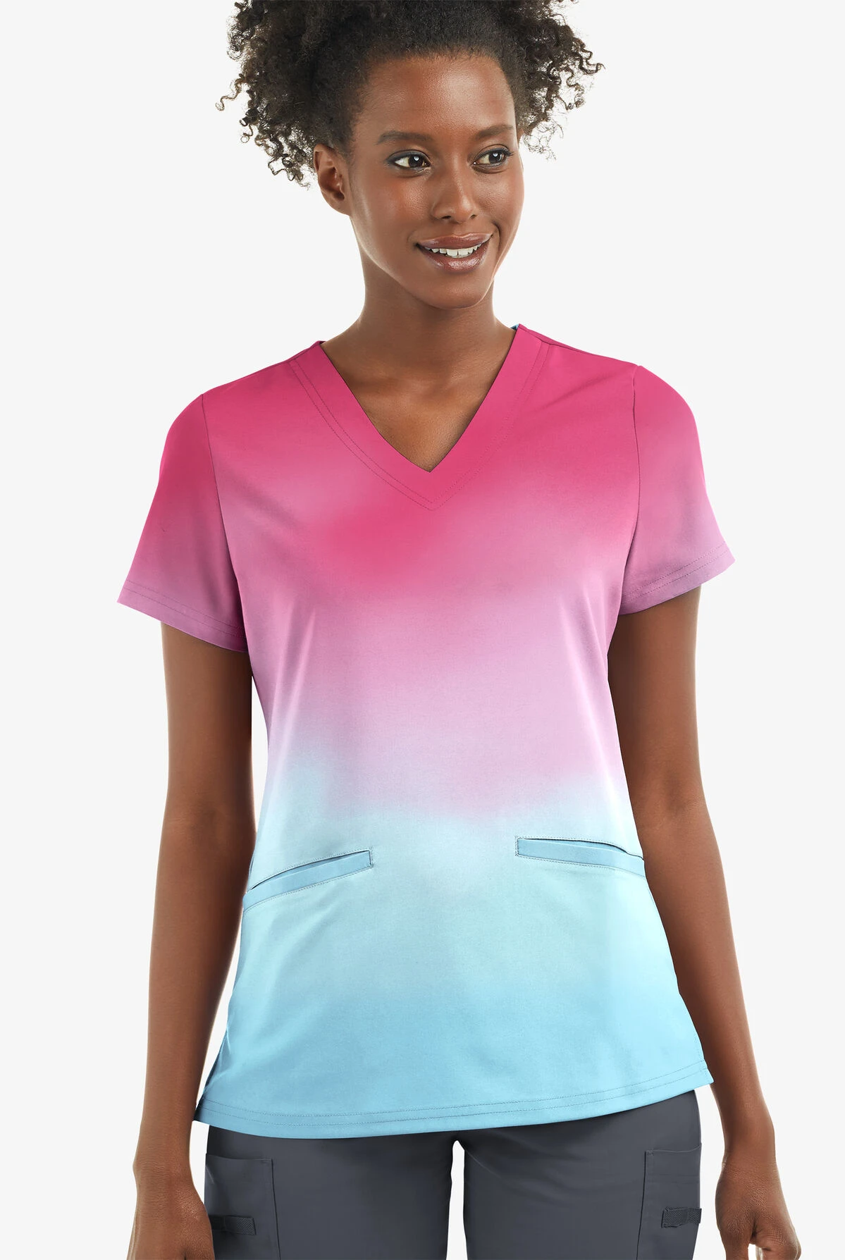 UA Butter-Soft STRETCH Evening Sky Ombre View Women's 2-Angled Welt Pocket V-Neck Printed Scrub Top 3 UA Butter-Soft STRETCH Evening Sky Ombre View Women's 2-Angled Welt Pocket V-Neck Printed Scrub Top