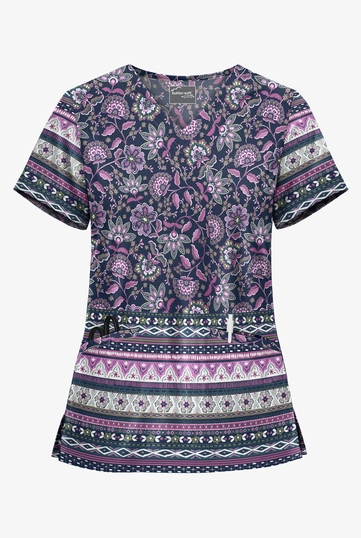 UA Butter-Soft STRETCH Jacobean Border Navy Women's 2-Pocket With Angled Welt Print Scrub Top 3 UA Butter-Soft STRETCH Jacobean Border Navy Women's 2-Pocket With Angled Welt Print Scrub Top