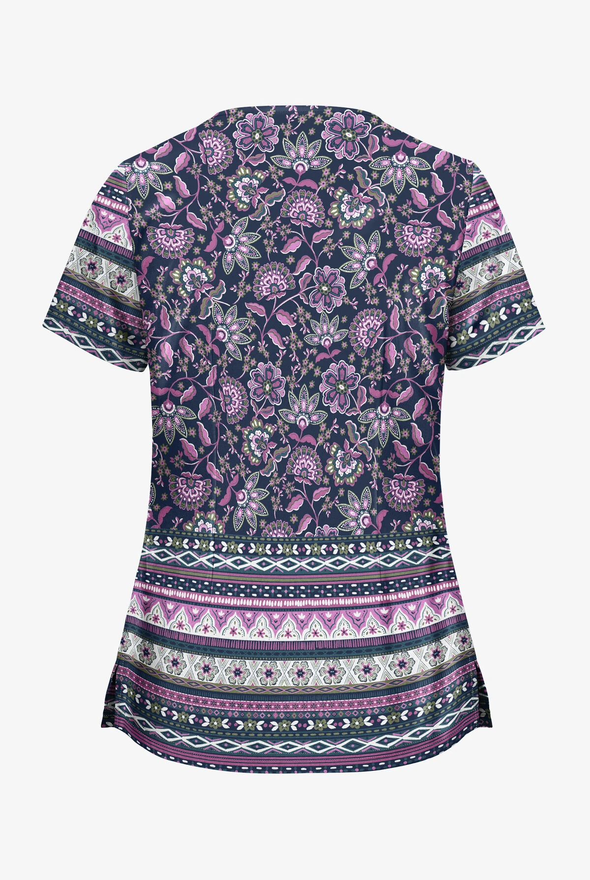 UA Butter-Soft STRETCH Jacobean Border Navy Women's 2-Pocket With Angled Welt Print Scrub Top 4 UA Butter-Soft STRETCH Jacobean Border Navy Women's 2-Pocket With Angled Welt Print Scrub Top - Image 2