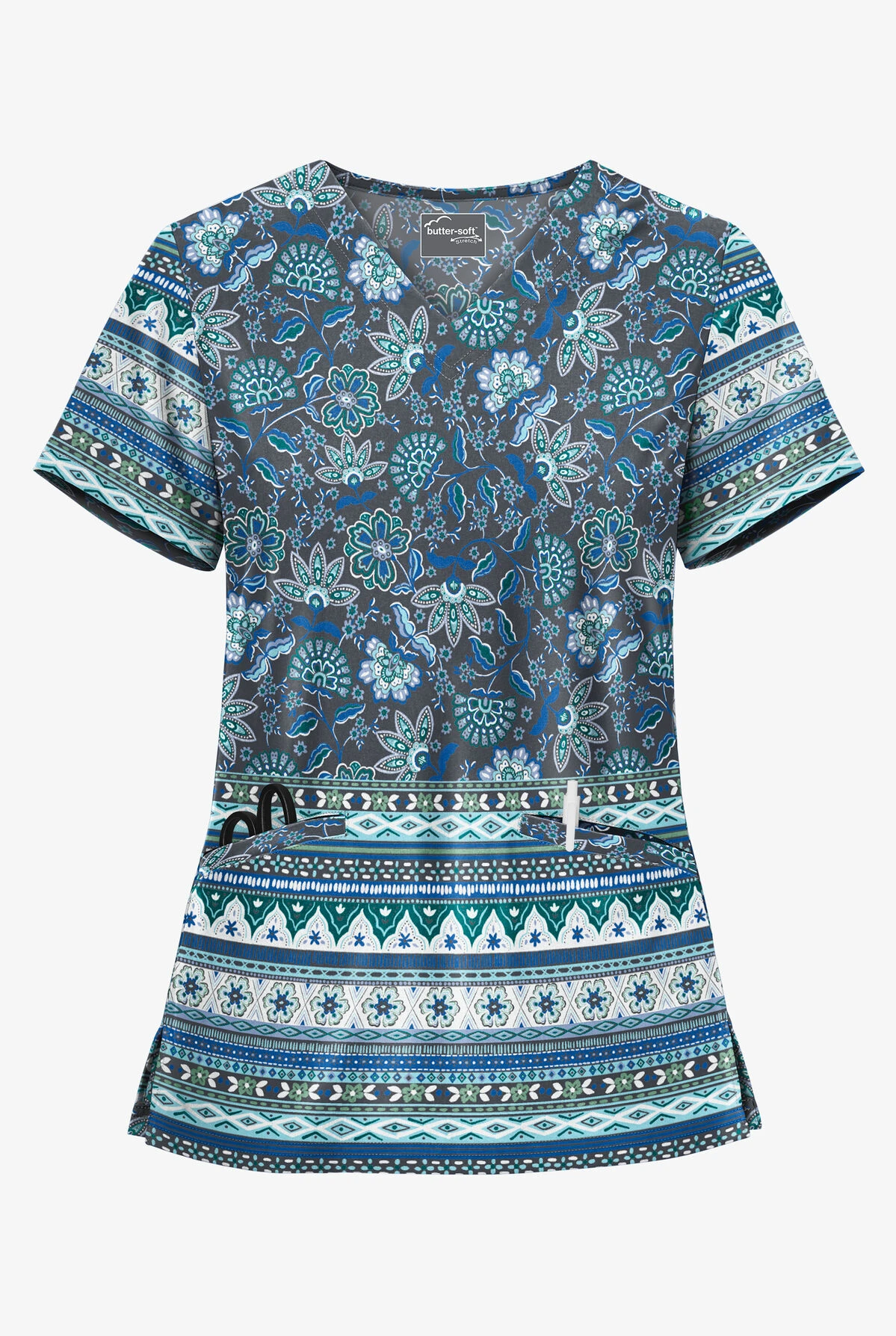 UA Butter-Soft STRETCH Jacobean Border Pewter Women's 2-Pocket With Angled Welt Print Scrub Top 3 UA Butter-Soft STRETCH Jacobean Border Pewter Women's 2-Pocket With Angled Welt Print Scrub Top