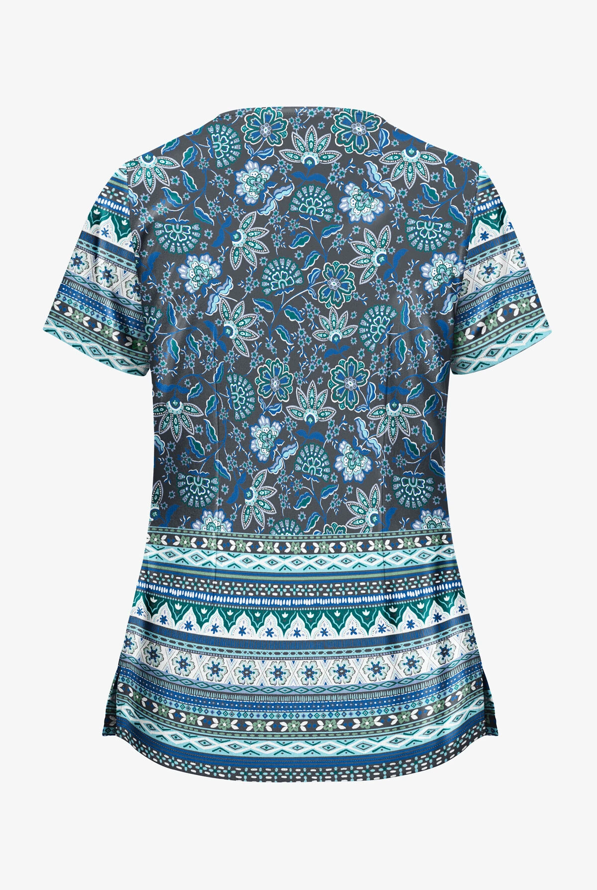 UA Butter-Soft STRETCH Jacobean Border Pewter Women's 2-Pocket With Angled Welt Print Scrub Top 4 UA Butter-Soft STRETCH Jacobean Border Pewter Women's 2-Pocket With Angled Welt Print Scrub Top - Image 2