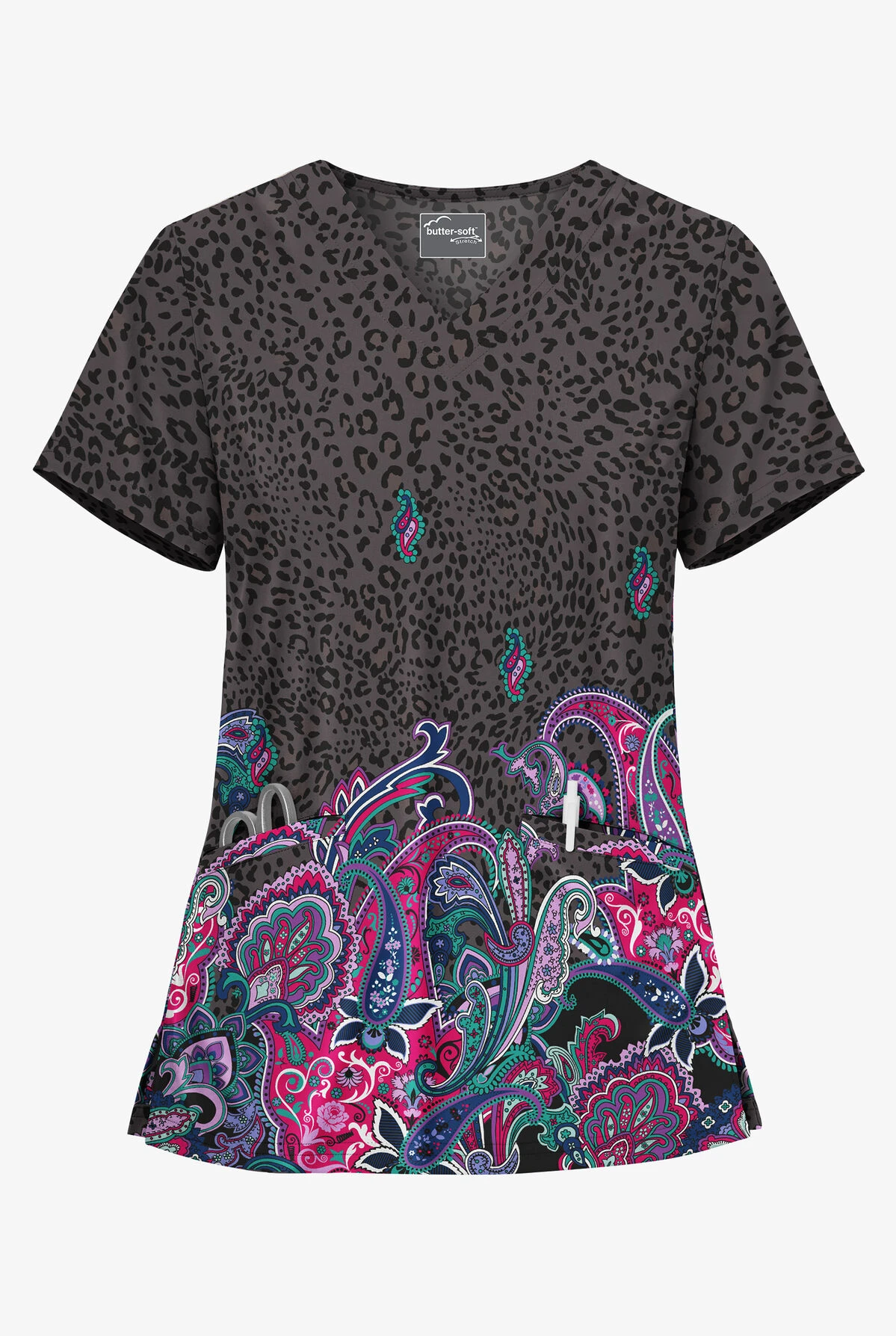 UA Butter-Soft STRETCH Jungle Paisley Pewter Women's 2-Angled Welt Pocket V-Neck Printed Scrub Top 3 UA Butter-Soft STRETCH Jungle Paisley Pewter Women's 2-Angled Welt Pocket V-Neck Printed Scrub Top