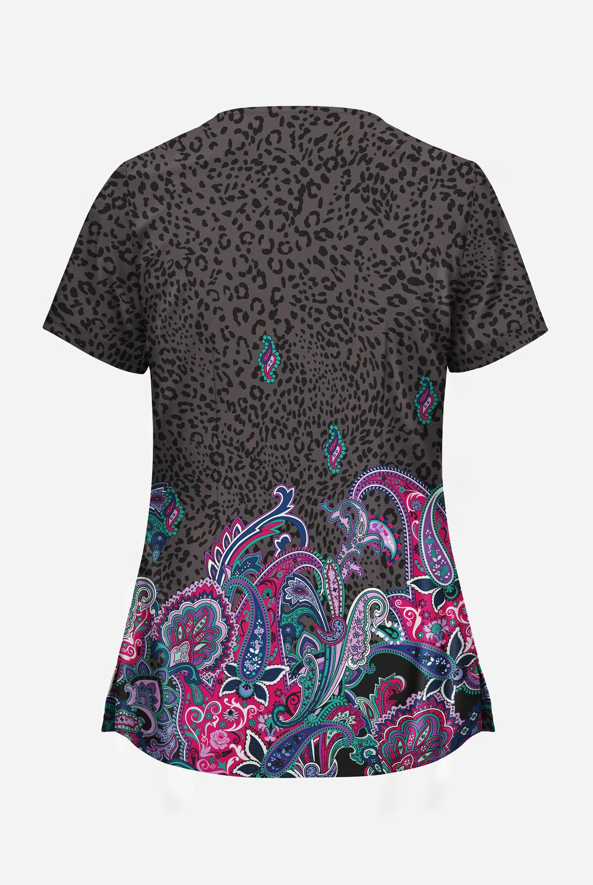 UA Butter-Soft STRETCH Jungle Paisley Pewter Women's 2-Angled Welt Pocket V-Neck Printed Scrub Top 4 UA Butter-Soft STRETCH Jungle Paisley Pewter Women's 2-Angled Welt Pocket V-Neck Printed Scrub Top - Image 2