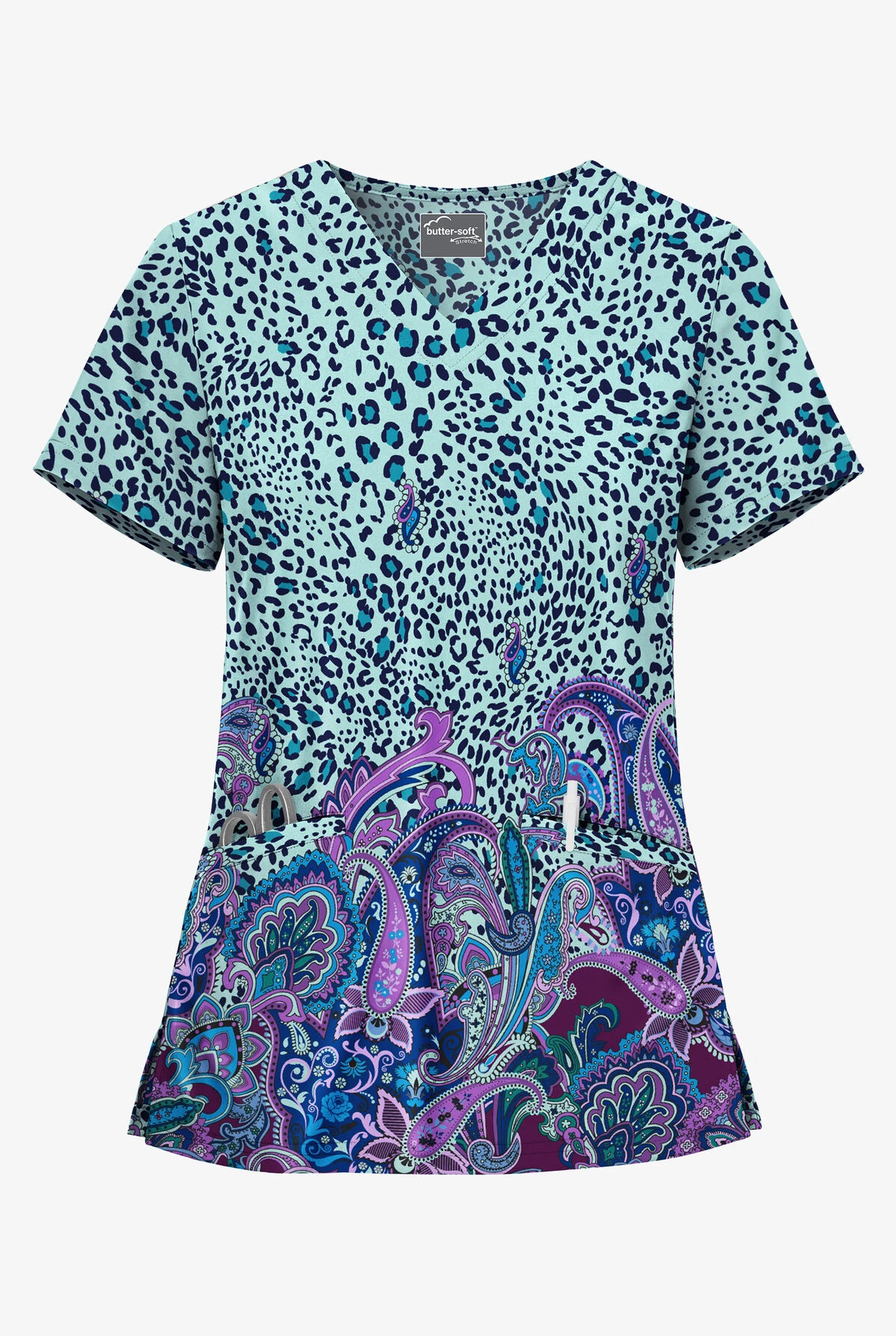 UA Butter-Soft STRETCH Jungle Paisley Women's 2-Angled Welt Pocket V-Neck Printed Scrub Top 3 UA Butter-Soft STRETCH Jungle Paisley Women's 2-Angled Welt Pocket V-Neck Printed Scrub Top