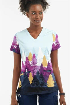 Butter-Soft Nordic Forest Berry Burst Women's 2-Pocket With Angled Welt V-Neck Print Scrub Top -Fashion Clothing TS631NFBB 2