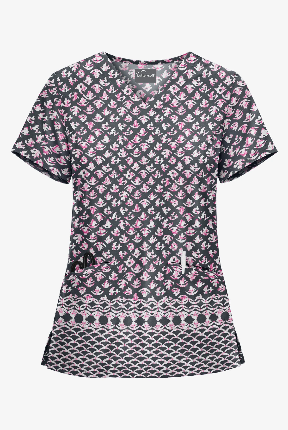 UA Butter-Soft STRETCH Night Garden Pewter Women's 2-Pocket V-Neck Print Scrub Top 3 UA Butter-Soft STRETCH Night Garden Pewter Women's 2-Pocket V-Neck Print Scrub Top