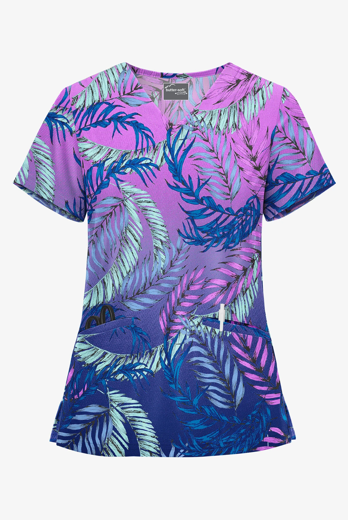 Butter-Soft STRETCH Palm Fronds Aqua Moon Women's 2-Pocket V-Neck Print Scrub Top 3 Butter-Soft STRETCH Palm Fronds Aqua Moon Women's 2-Pocket V-Neck Print Scrub Top
