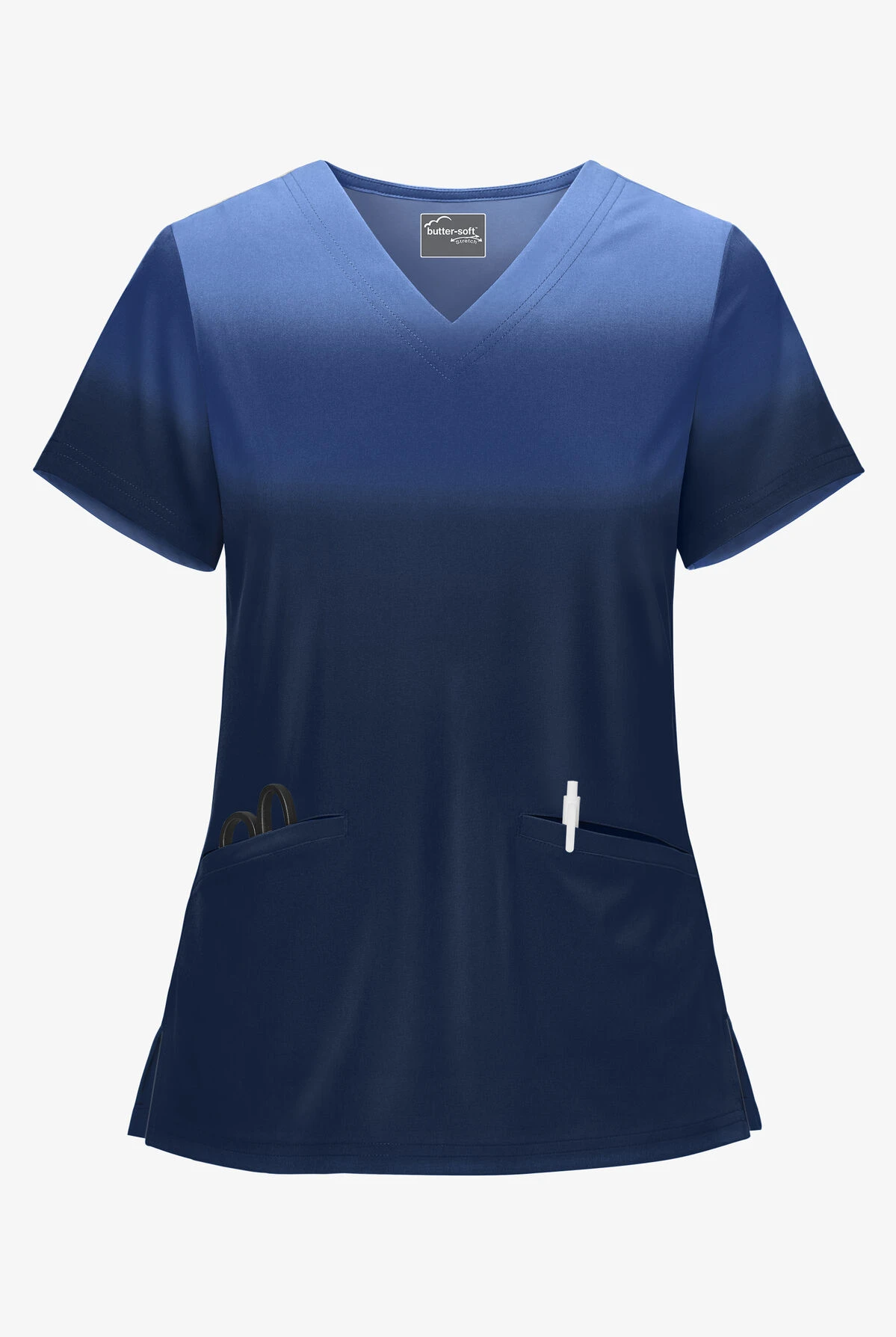 Butter-Soft STRETCH Prism Ombre Navy Women's 2-Pocket V-Neck Print Scrub Top 3 Butter-Soft STRETCH Prism Ombre Navy Women's 2-Pocket V-Neck Print Scrub Top