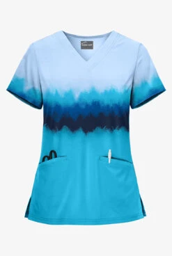 UA Butter-Soft Painted Stripes Turquoise Women's 2-Pocket V-Neck Print Scrub Top