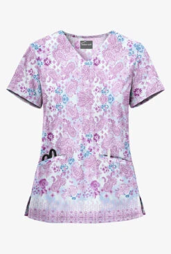 UA Butter-Soft Paisley Extravaganza Cloud Blue Women's 2-Pocket V-Neck Print Scrub Top