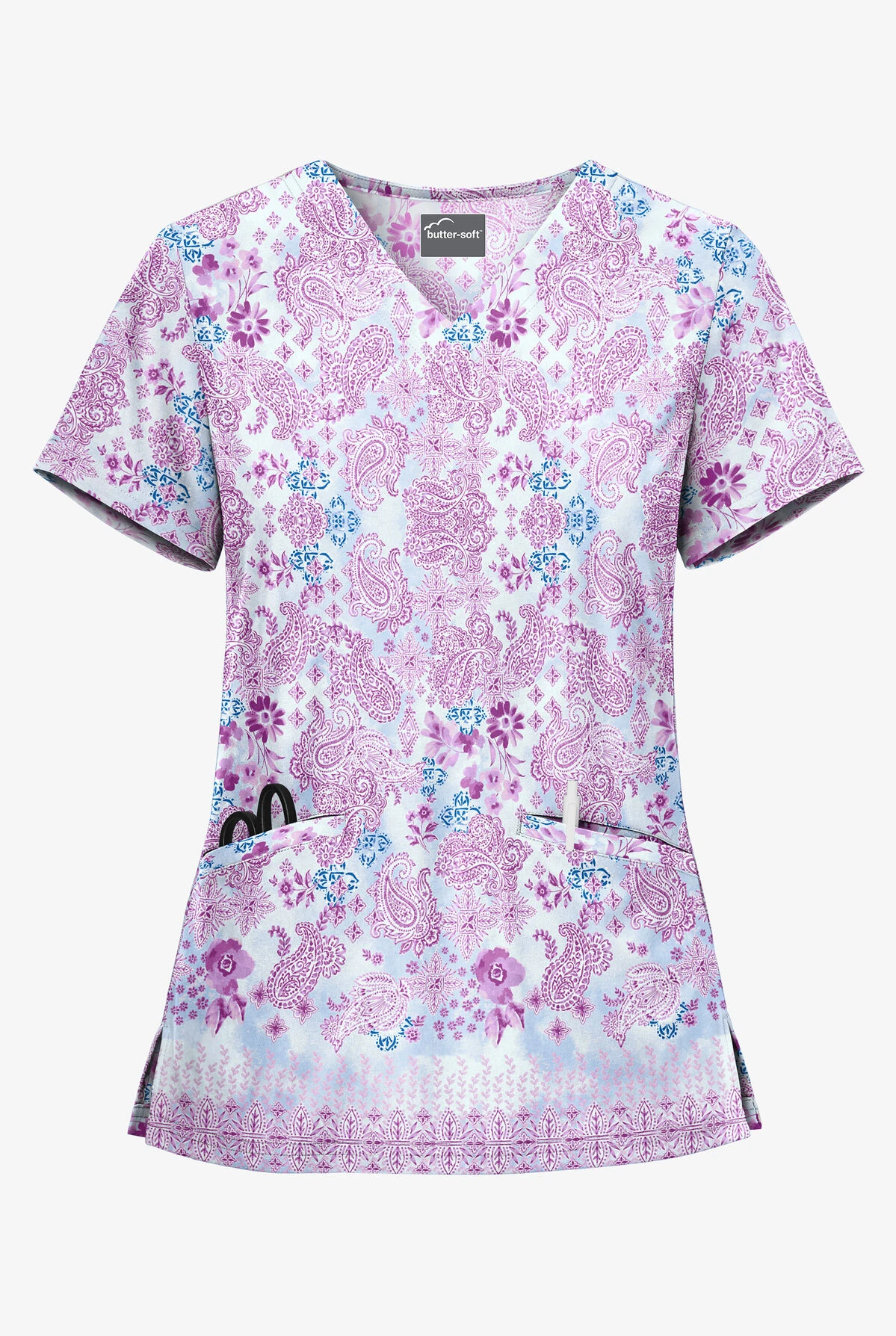 UA Butter-Soft Paisley Extravaganza Cloud Blue Women's 2-Pocket V-Neck Print Scrub Top 3 UA Butter-Soft Paisley Extravaganza Cloud Blue Women's 2-Pocket V-Neck Print Scrub Top