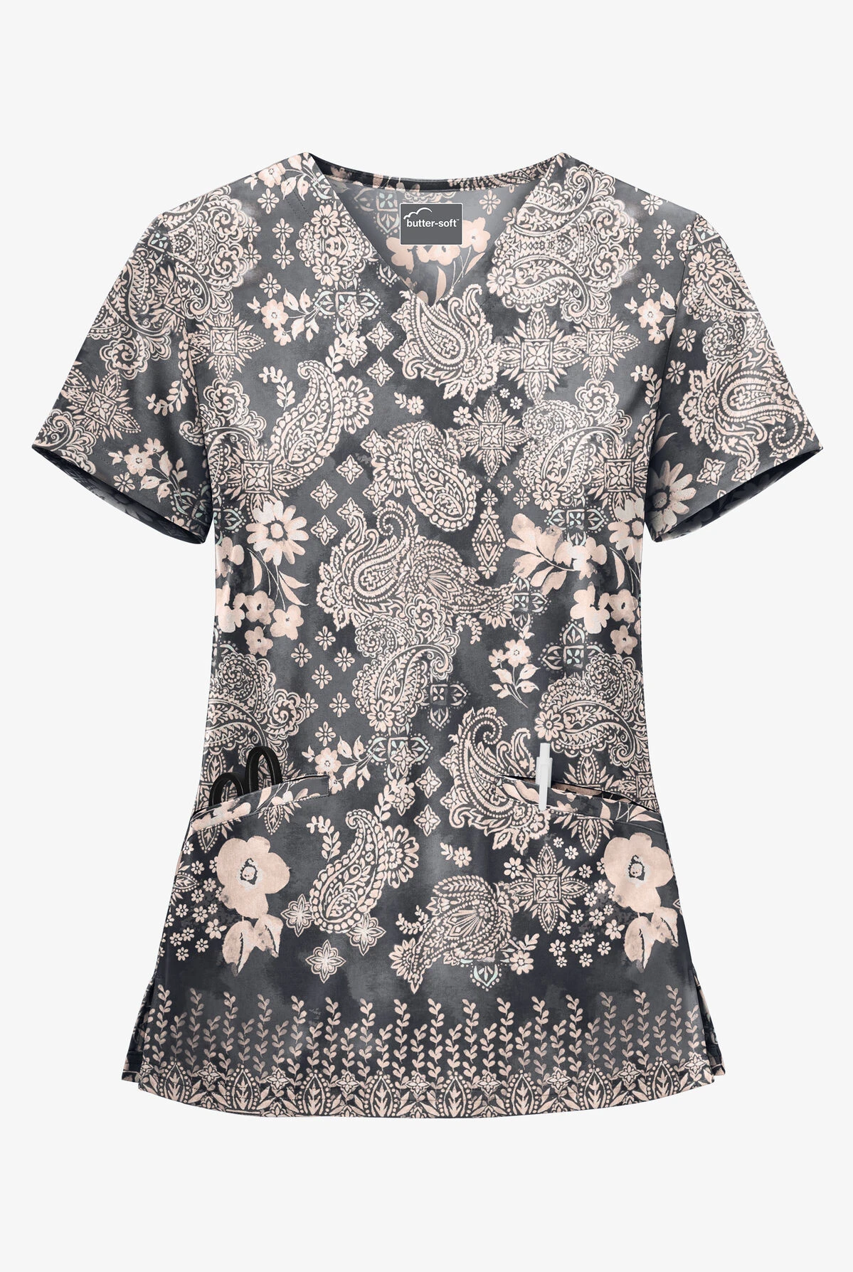 UA Butter-Soft Paisley Extravaganza Pewter Women's 2-Pocket V-Neck Print Scrub Top 3 UA Butter-Soft Paisley Extravaganza Pewter Women's 2-Pocket V-Neck Print Scrub Top