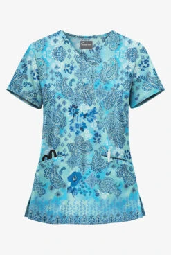 UA Butter-Soft Paisley Extravaganza Turquoise Women's 2-Pocket V-Neck Print Scrub Top