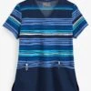Butter-Soft Striped Navy Women's 2-Pocket V-Neck Print Scrub Top -Fashion Clothing TS631SCY 1