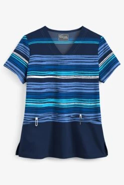 Butter-Soft Striped Navy Women's 2-Pocket V-Neck Print Scrub Top