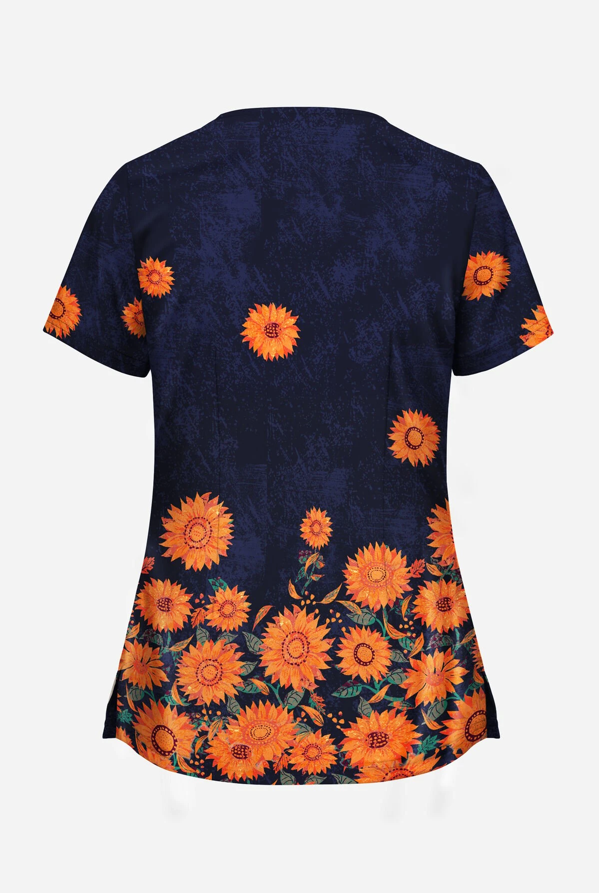 UA Butter-Soft STRETCH Sunflowers Navy Women's 2-Angled Welt Pocket V-Neck Printed Scrub Top 4 UA Butter-Soft STRETCH Sunflowers Navy Women's 2-Angled Welt Pocket V-Neck Printed Scrub Top - Image 2