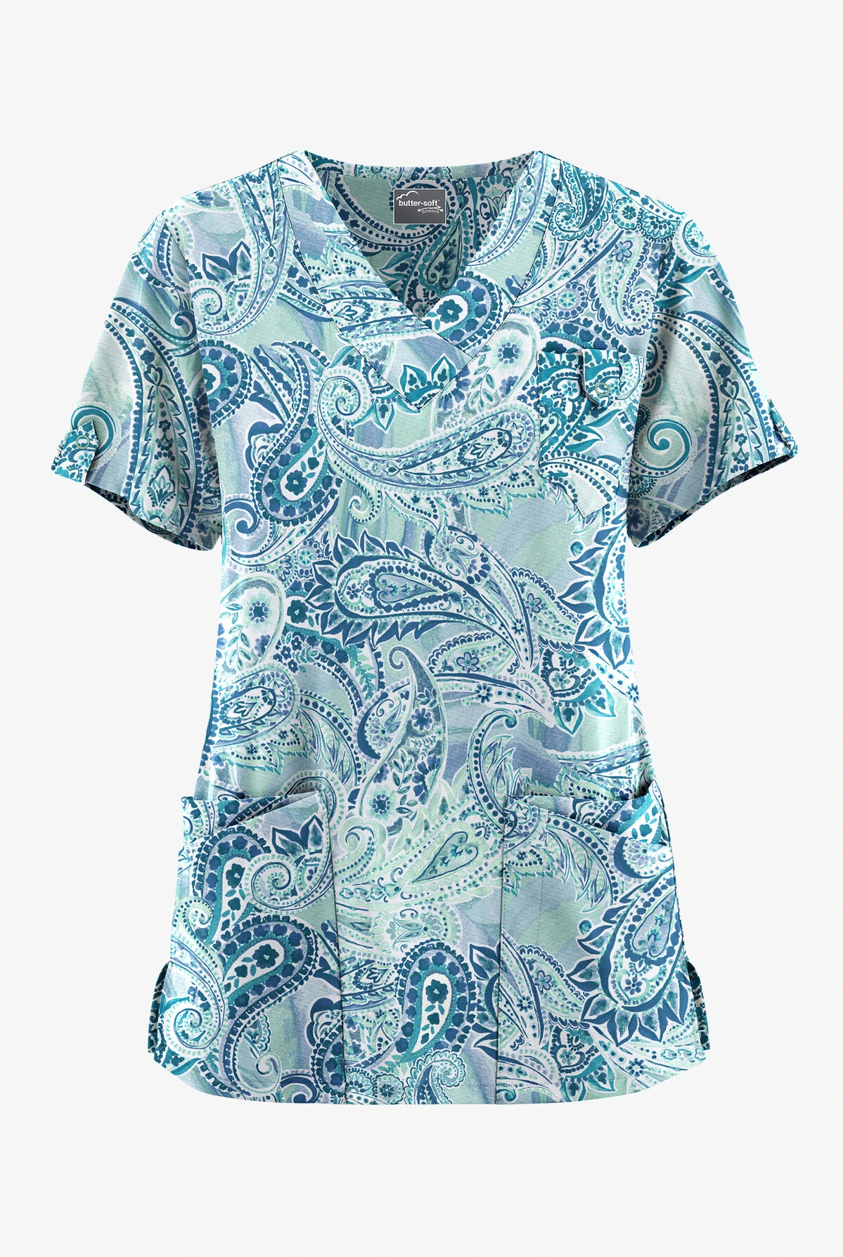 UA Butter-Soft STRETCH Paisley Romance Watermint Women's 5-Pocket V-Neck Scrub Top 3 UA Butter-Soft STRETCH Paisley Romance Watermint Women's 5-Pocket V-Neck Scrub Top