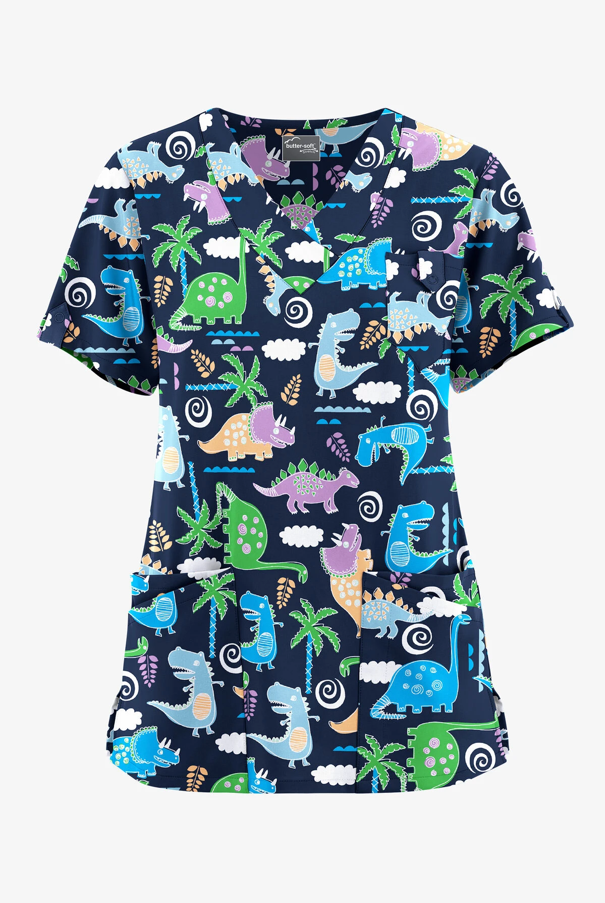 UA Butter-Soft STRETCH Stompin' Dino Turquoise Women's 5-Pocket V-Neck Scrub Top 3 UA Butter-Soft STRETCH Stompin' Dino Turquoise Women's 5-Pocket V-Neck Scrub Top