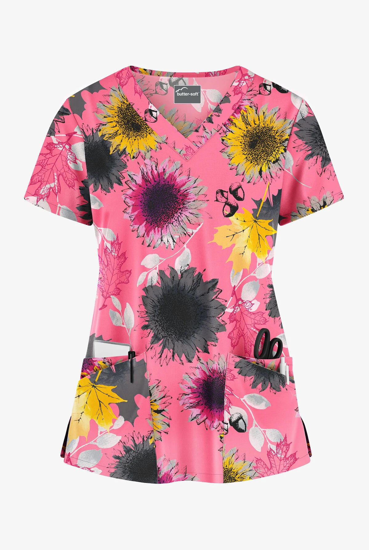 Butter-Soft Autumn Sunflowers Rose Dusk Women's 4-Pocket Rounded V-Neck Print Scrub Top 3 Butter-Soft Autumn Sunflowers Rose Dusk Women's 4-Pocket Rounded V-Neck Print Scrub Top