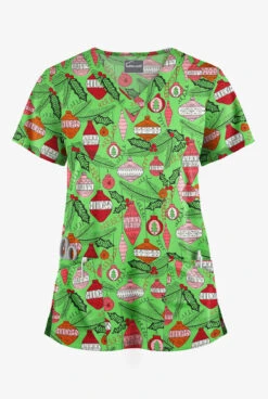 Butter-Soft Christmas Baubles Grass Green Women's 4-Pocket Rounded V-Neck Print Scrub Top