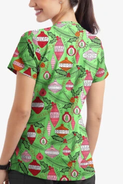 Butter-Soft Christmas Baubles Grass Green Women's 4-Pocket Rounded V-Neck Print Scrub Top -Fashion Clothing TS697CBGG 3
