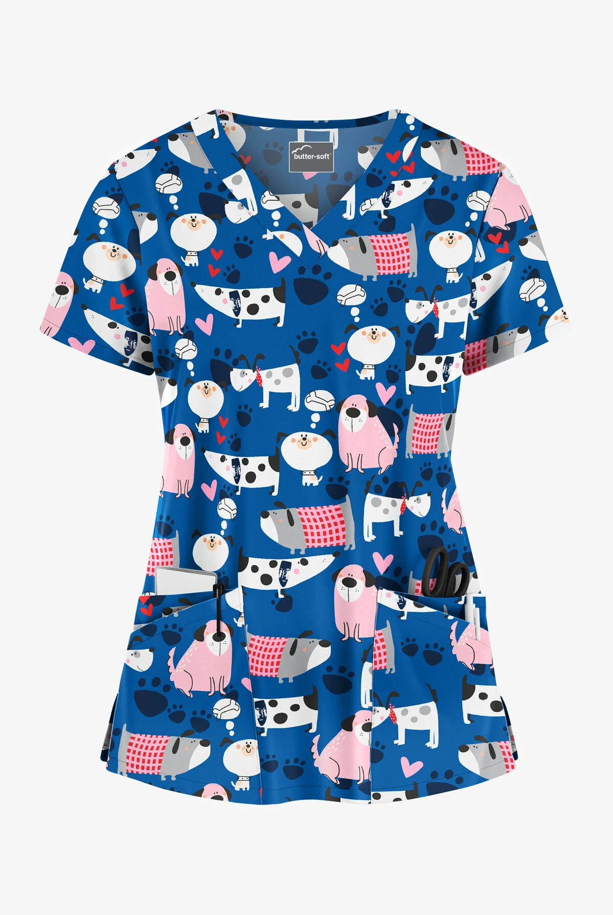 Butter-Soft Dreaming Pups Royal Women's 4-Pocket Rounded V-Neck Print Scrub Top 3 Butter-Soft Dreaming Pups Royal Women's 4-Pocket Rounded V-Neck Print Scrub Top