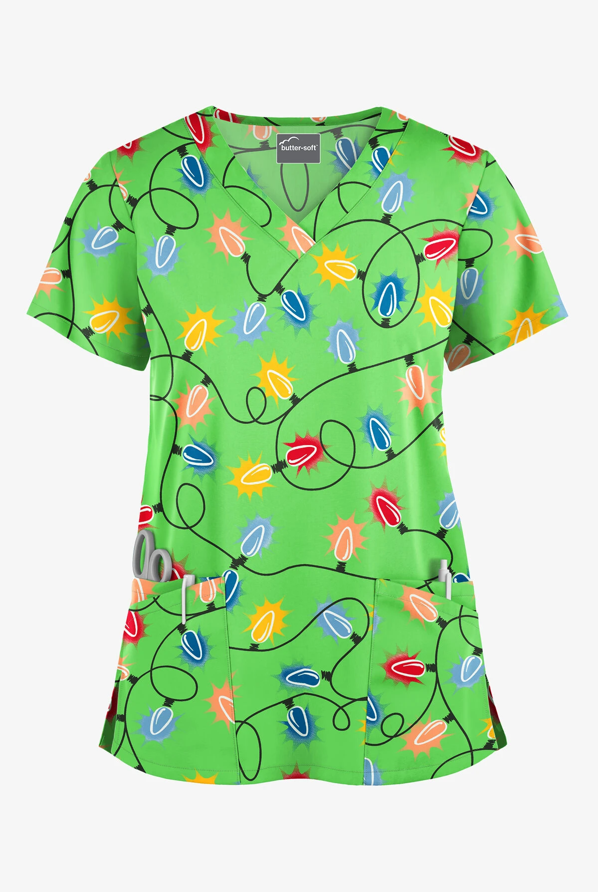 Butter-Soft Fairy Lights Grass Green Women's 4-Pocket Rounded V-Neck Printed Scrub Top 3 Butter-Soft Fairy Lights Grass Green Women's 4-Pocket Rounded V-Neck Printed Scrub Top