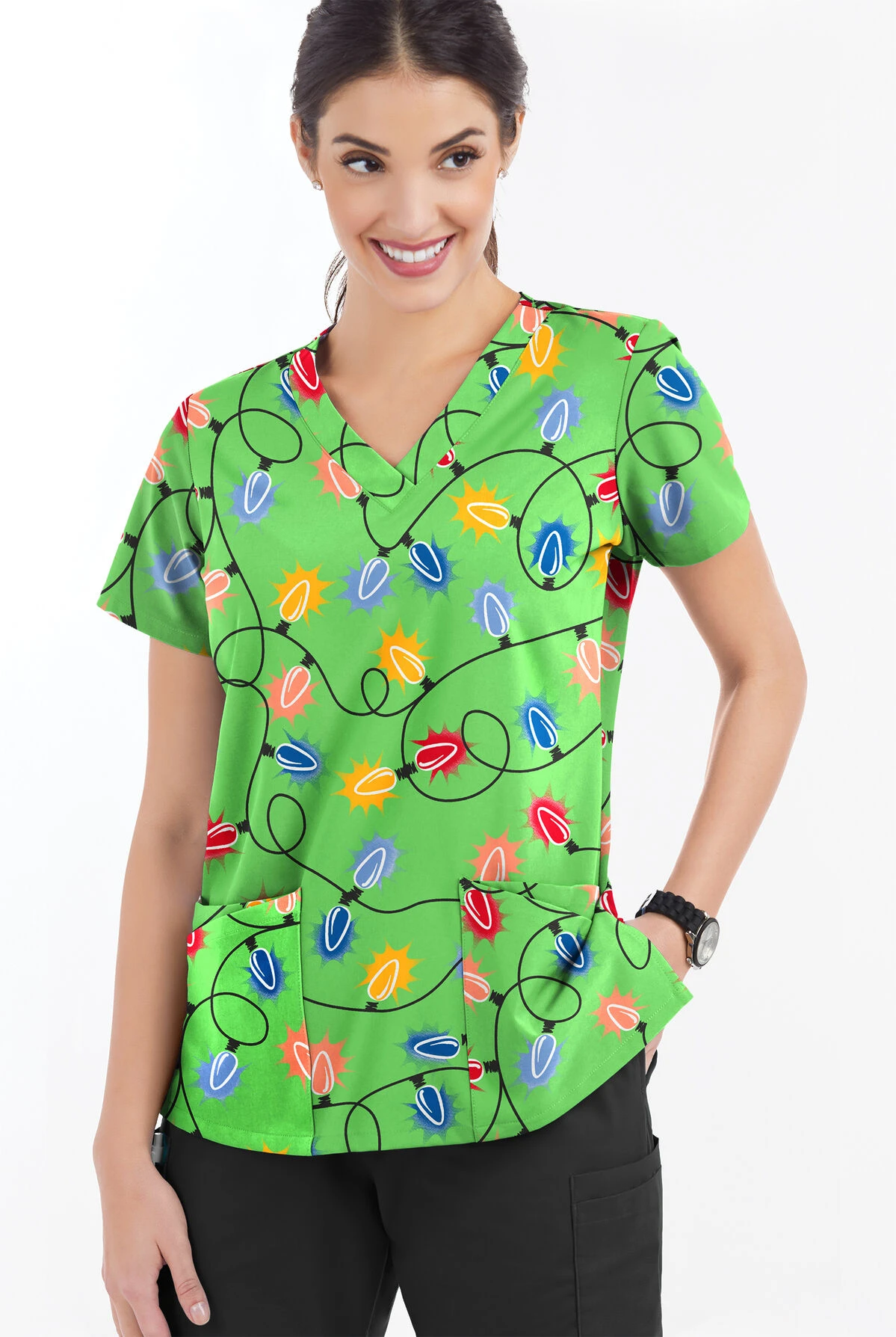 Butter-Soft Fairy Lights Grass Green Women's 4-Pocket Rounded V-Neck Printed Scrub Top 4 Butter-Soft Fairy Lights Grass Green Women's 4-Pocket Rounded V-Neck Printed Scrub Top - Image 2
