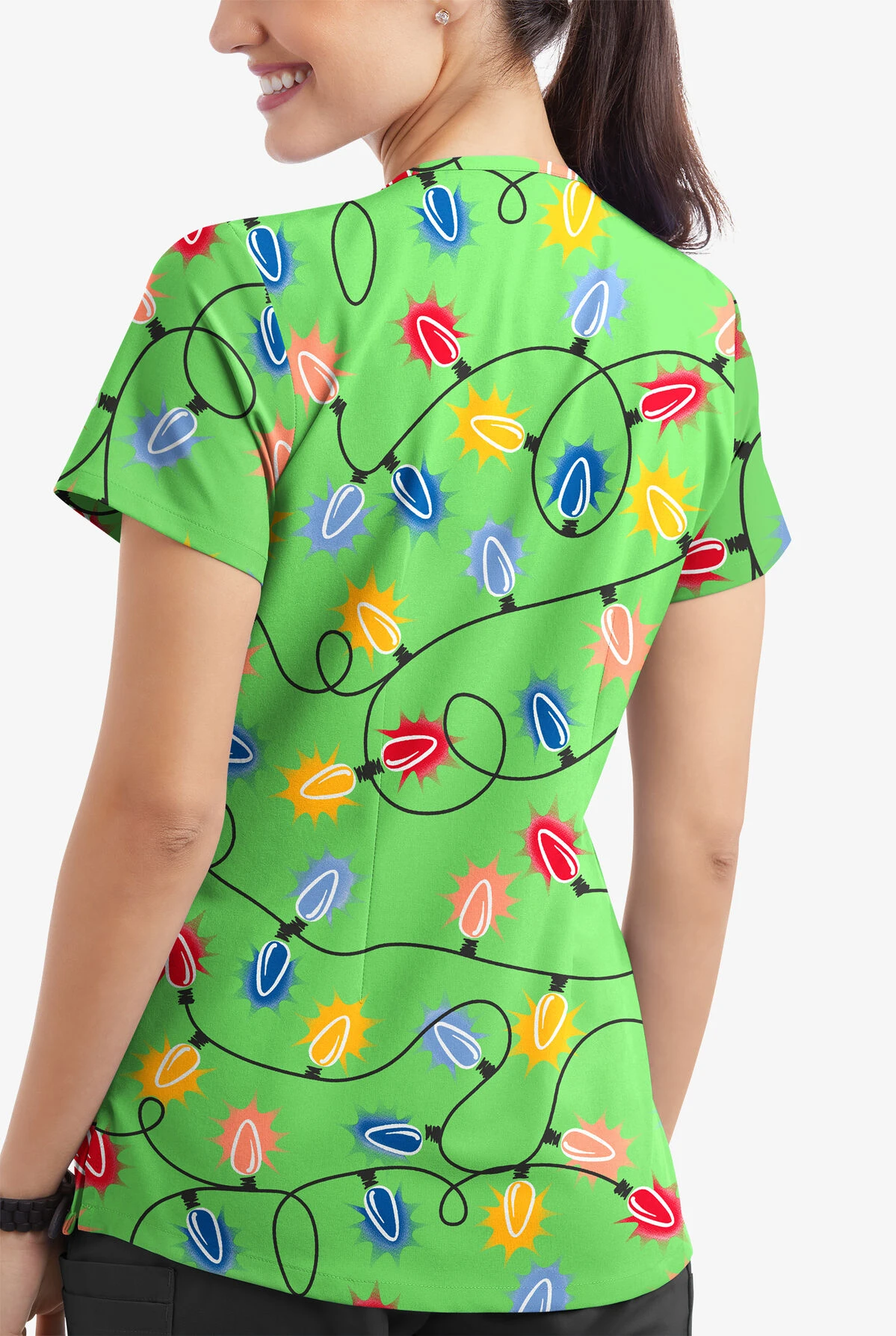 Butter-Soft Fairy Lights Grass Green Women's 4-Pocket Rounded V-Neck Printed Scrub Top 5 Butter-Soft Fairy Lights Grass Green Women's 4-Pocket Rounded V-Neck Printed Scrub Top - Image 3